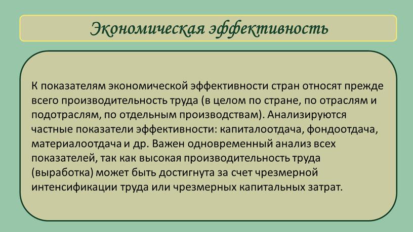 Экономическая эффективность К показателям экономической эффективности стран относят прежде всего производительность труда (в целом по стране, по отраслям и подотраслям, по отдельным производствам)