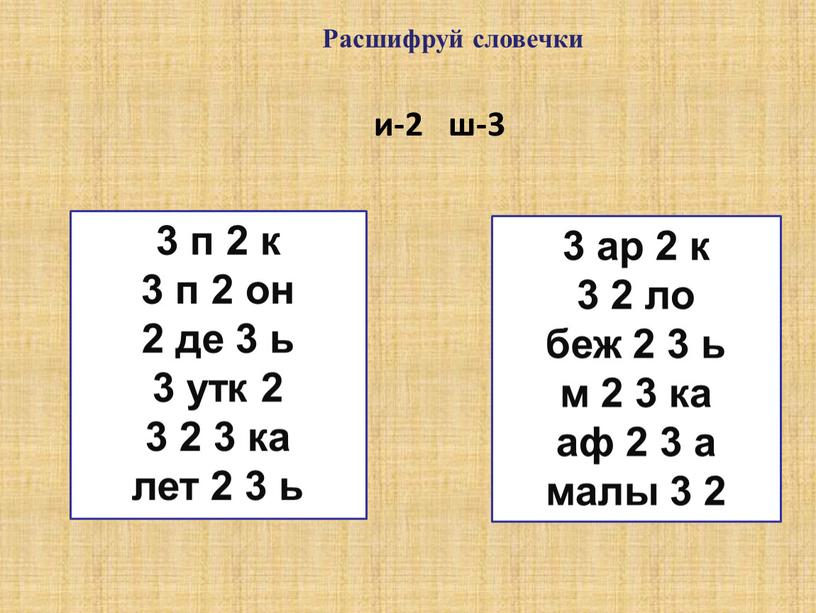 Расшифруй словечки и-2 ш-3 3 п 2 к 3 п 2 он 2 де 3 ь 3 утк 2 3 2 3 ка лет 2…