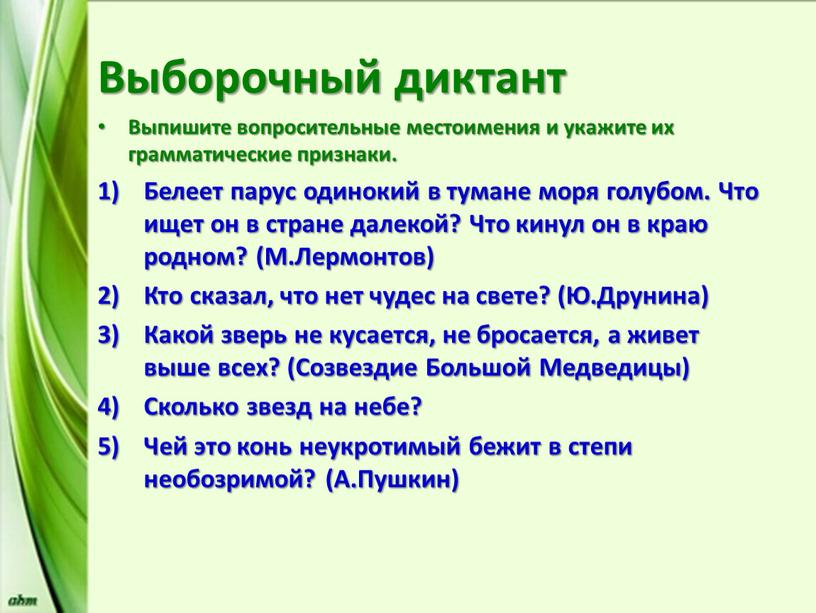 Выборочный диктант Выпишите вопросительные местоимения и укажите их грамматические признаки