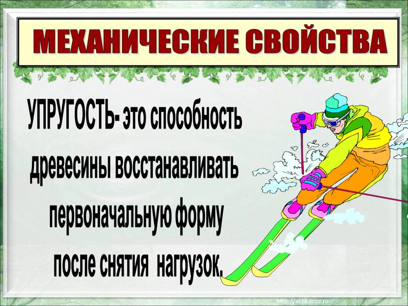 МЕХАНИЧЕСКИЕ СВОЙСТВА УПРУГОСТЬ- это способность древесины восстанавливать первоначальную форму после снятия нагрузок