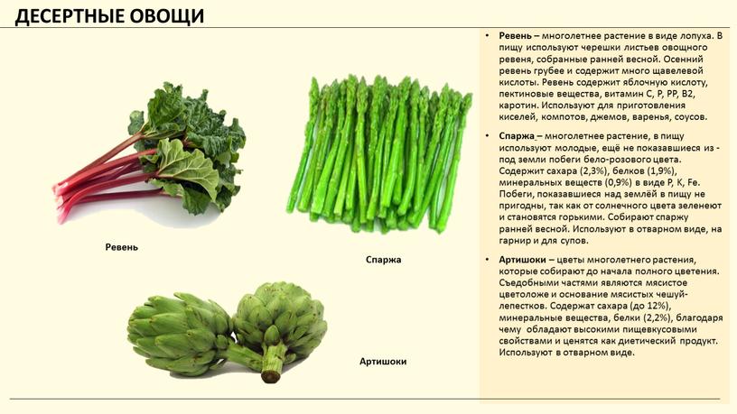 ДЕСЕРТНЫЕ ОВОЩИ Ревень – многолетнее растение в виде лопуха