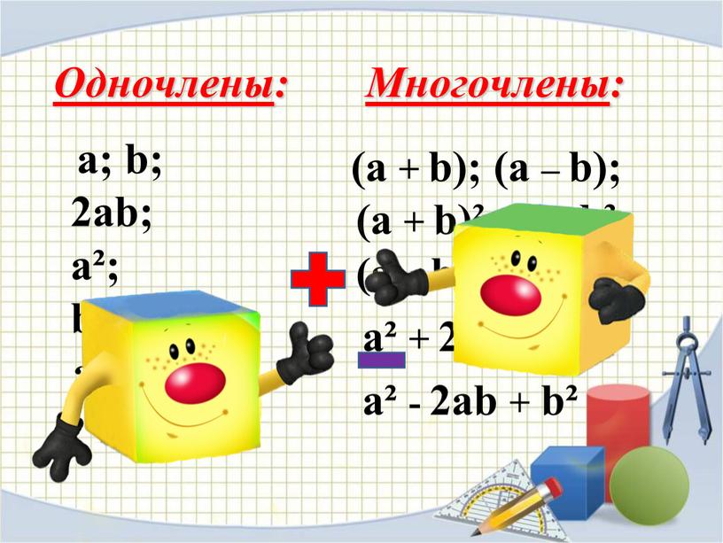 Одночлены : a; b; 2ab; a²; b²;