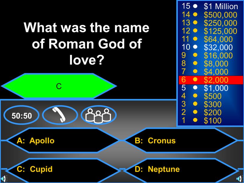 A: Apollo C: Cupid B: Cronus