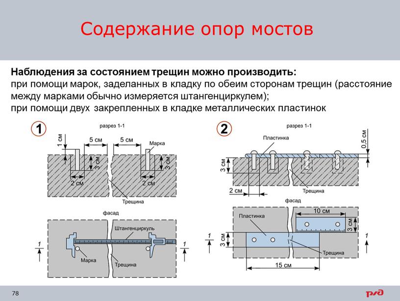 Содержание опор мостов Наблюдения за состоянием трещин можно производить: при помощи марок, заделанных в кладку по обеим сторонам трещин (расстояние между марками обычно измеряется штангенциркулем);…