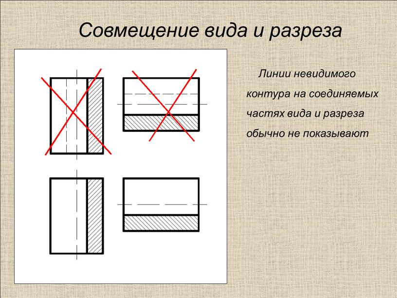 Совмещение вида и разреза Линии невидимого контура на соединяемых частях вида и разреза обычно не показывают