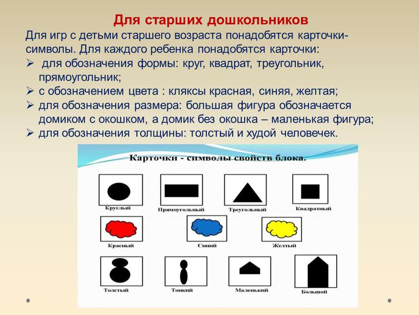 Для старших дошкольников Для игр с детьми старшего возраста понадобятся карточки-символы