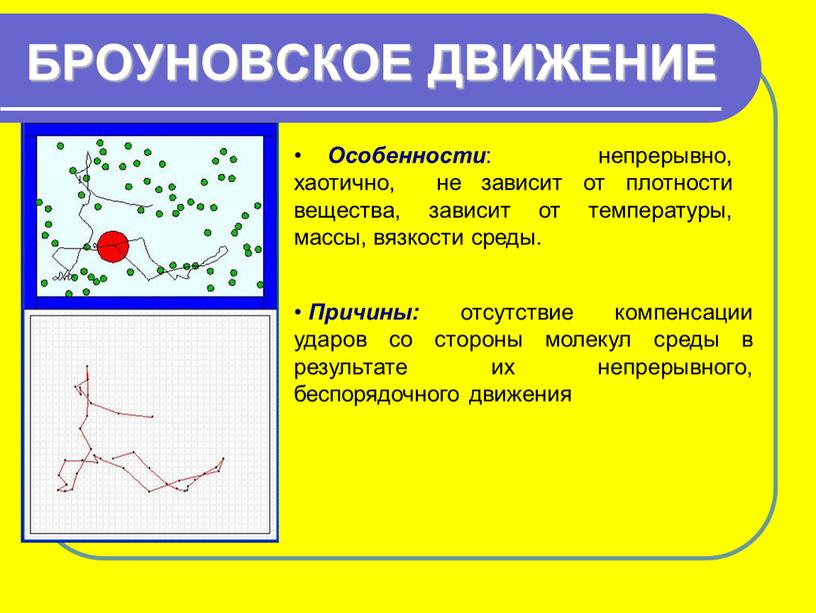 БРОУНОВСКОЕ ДВИЖЕНИЕ Особенности : непрерывно, хаотично, не зависит от плотности вещества, зависит от температуры, массы, вязкости среды