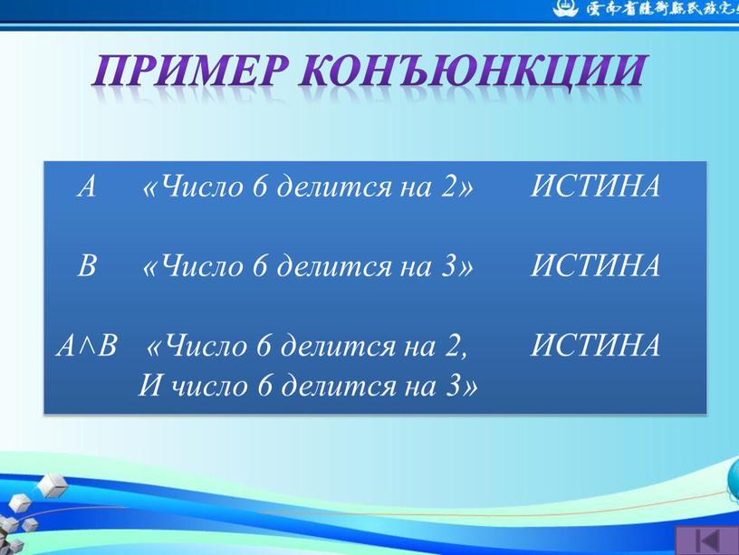 Пример конъюнкции А «Число 6 делится на 2»