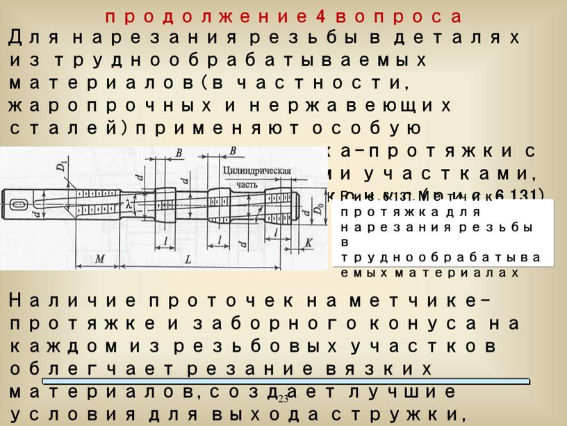 Для нарезания резьбы в деталях из труднообрабатываемых материалов (в частности, жаропрочных и нержавеющих сталей) применяют особую конструкцию метчика-протяжки с четырьмя резьбовыми участками, имеющими заборный конус…