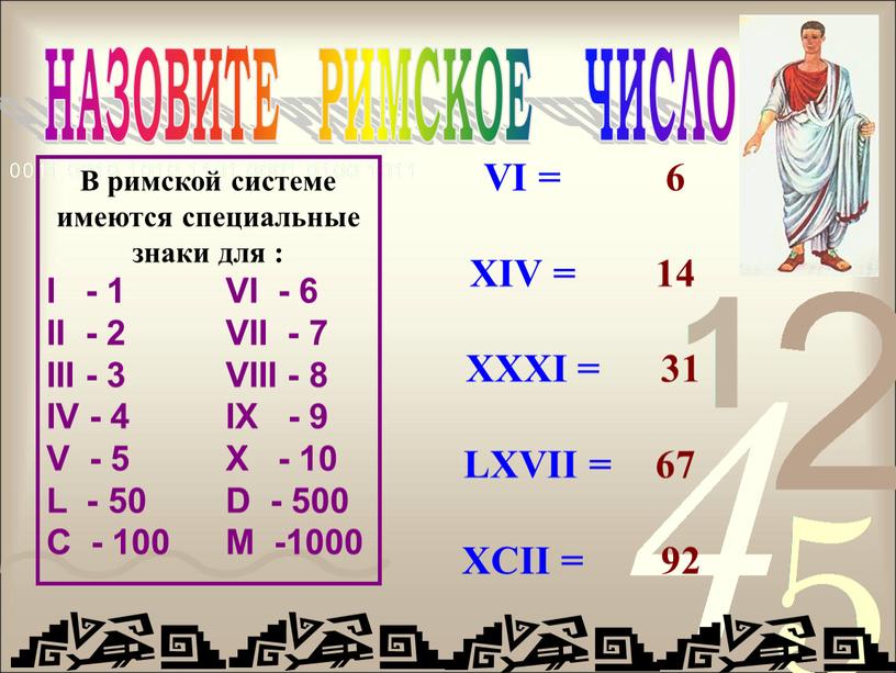 НАЗОВИТЕ РИМСКОЕ ЧИСЛО В римской системе имеются специальные знаки для :