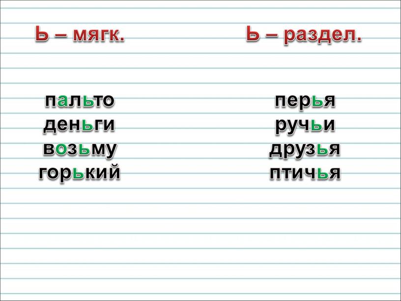 Ь – мягк. Ь – раздел. пальто деньги возьму горький перья ручьи друзья птичья