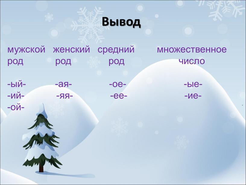 Вывод мужской женский средний род род род -ый- -ая- -ое- -ий- -яя- -ее- -ой- множественное число -ые- -ие-