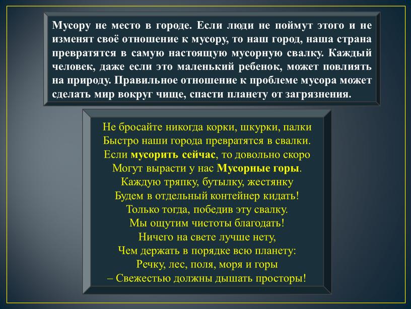 Мусору не место в городе. Если люди не поймут этого и не изменят своё отношение к мусору, то наш город, наша страна превратятся в самую…