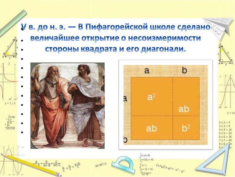 V в. до н. э. — В Пифагорейской школе сделано величайшее открытие о несоизмеримости стороны квадрата и его диагонали