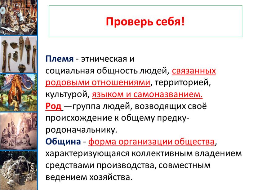 Проверь себя! Племя - этническая и социальная общность людей, связанных родовыми отношениями , территорией, культурой, языком и самоназванием