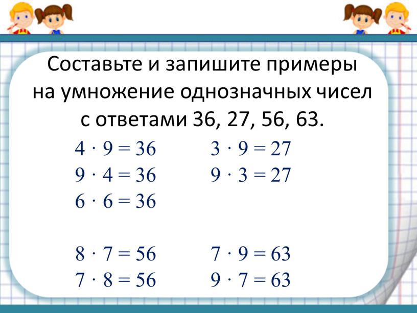 Составьте и запишите примеры на умножение однозначных чисел с ответами 36, 27, 56, 63