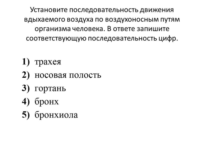 Установите последовательность движения вдыхаемого воздуха по воздухоносным путям организма человека