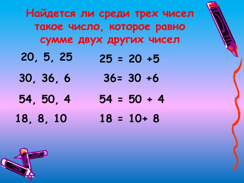 Найдется ли среди трех чисел такое число, которое равно сумме двух других чисел 20, 5, 25 25 = 20 +5 30, 36, 6 36= 30…