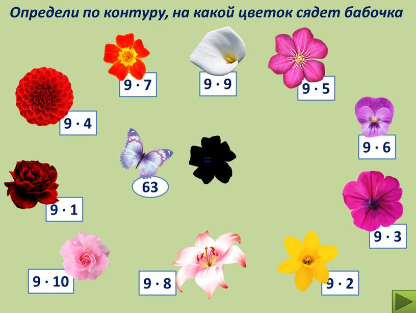 Определи по контуру, на какой цветок сядет бабочка 9 ∙ 7 9 ∙ 9 63 =