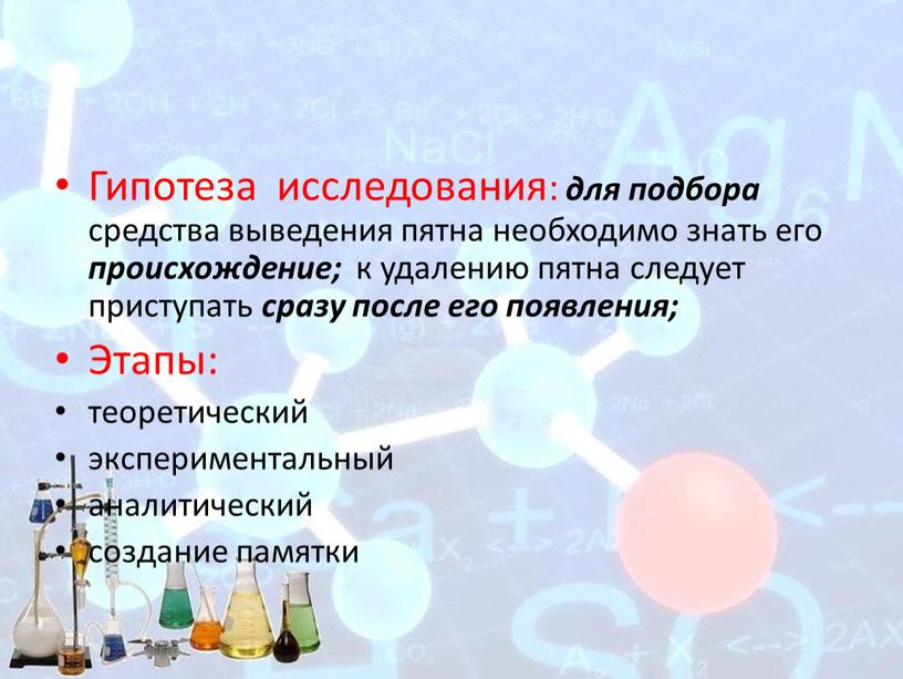 Гипотеза исследования: для подбора средства выведения пятна необходимо знать его происхождение; к удалению пятна следует приступать сразу после его появления;