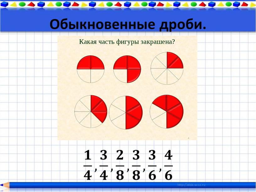 Обыкновенные дроби. 𝟏 𝟒 , 𝟑 𝟒 , 𝟐 𝟖 , 𝟑 𝟖 , 𝟑 𝟔 , 𝟒 𝟔