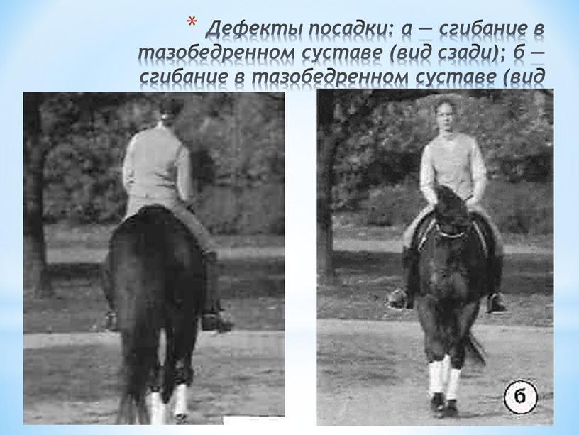 Дефекты посадки: а — сгибание в тазобедренном суставе (вид сзади); б — сгибание в тазобедренном суставе (вид спереди)