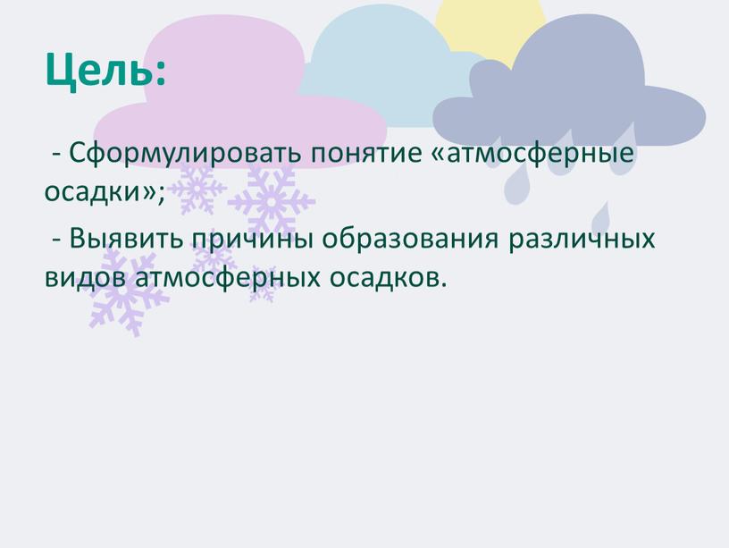 Цель: - Сформулировать понятие «атмосферные осадки»; -