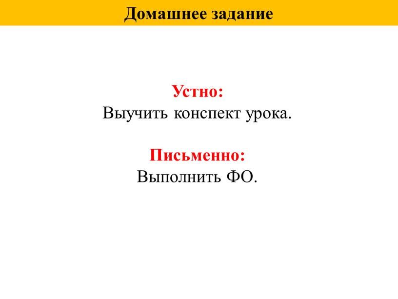 Домашнее задание Устно: Выучить конспект урока