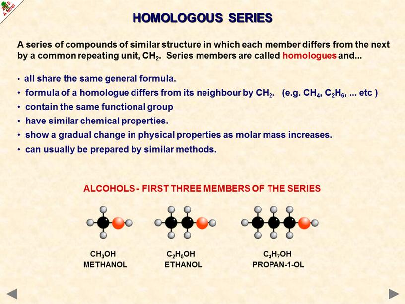 HOMOLOGOUS SERIES A series of compounds of similar structure in which each member differs from the next by a common repeating unit,