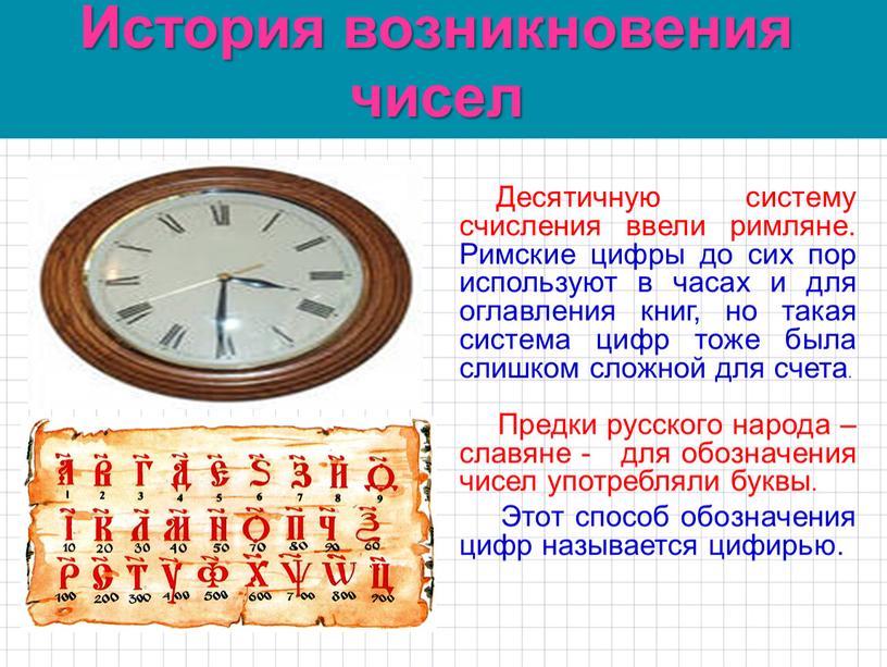 История возникновения чисел Десятичную систему счисления ввели римляне