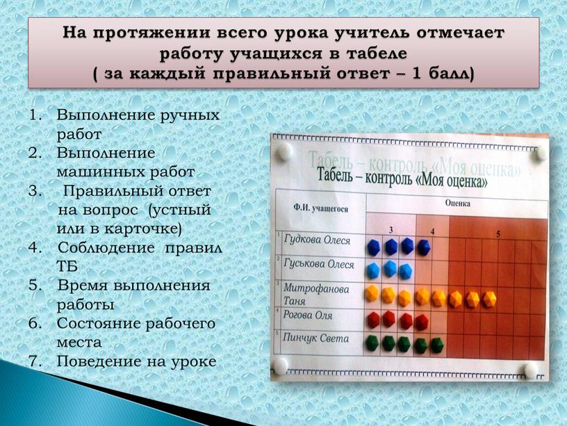 На протяжении всего урока учитель отмечает работу учащихся в табеле ( за каждый правильный ответ – 1 балл)