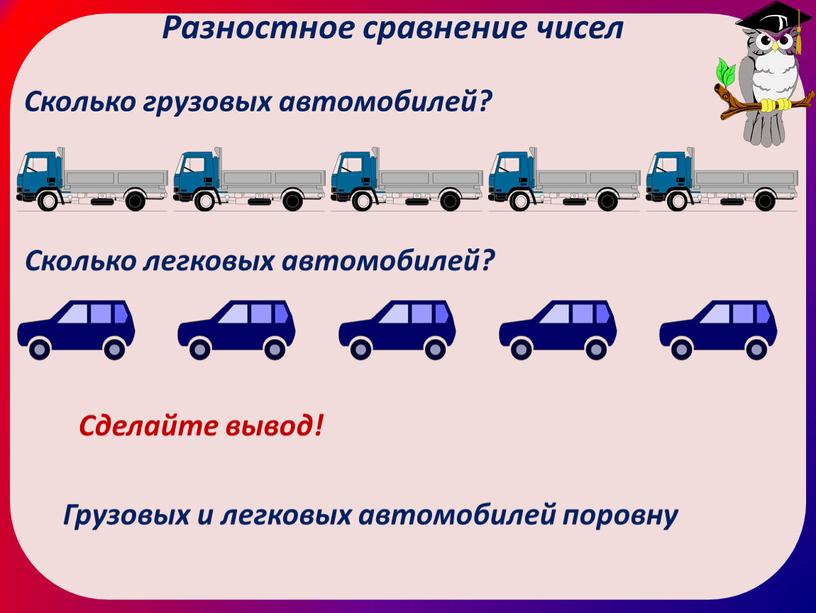 Разностное сравнение чисел Сколько грузовых автомобилей?