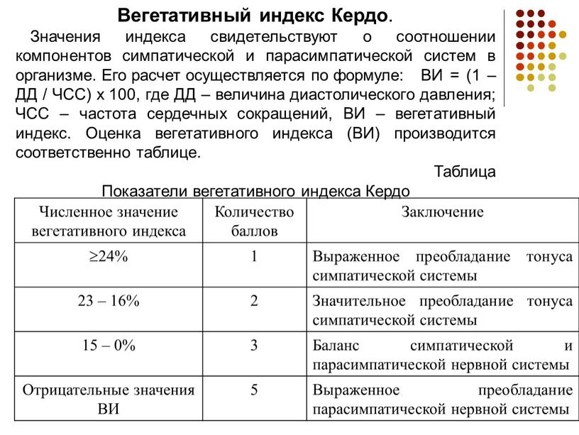 Вегетативный индекс Кердо . Значения индекса свидетельствуют о соотношении компонентов симпатической и парасимпатической систем в организме