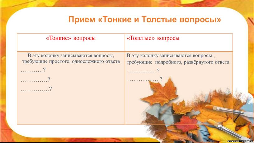 Тонкие» вопросы В эту колонку записываются вопросы, требующие простого, односложного ответа ………