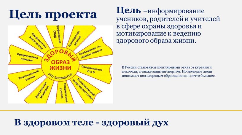 Цель –информирование учеников, родителей и учителей в сфере охраны здоровья и мотивирование к ведению здорового образа жизни