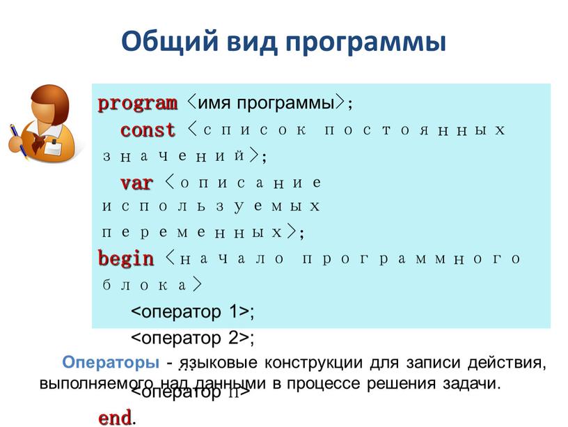 Общий вид программы program <имя программы>; const <список постоянных значений>; var <описание используемых переменных>; begin <начало программного блока> <оператор 1>; <оператор 2>; … <оператор n>…