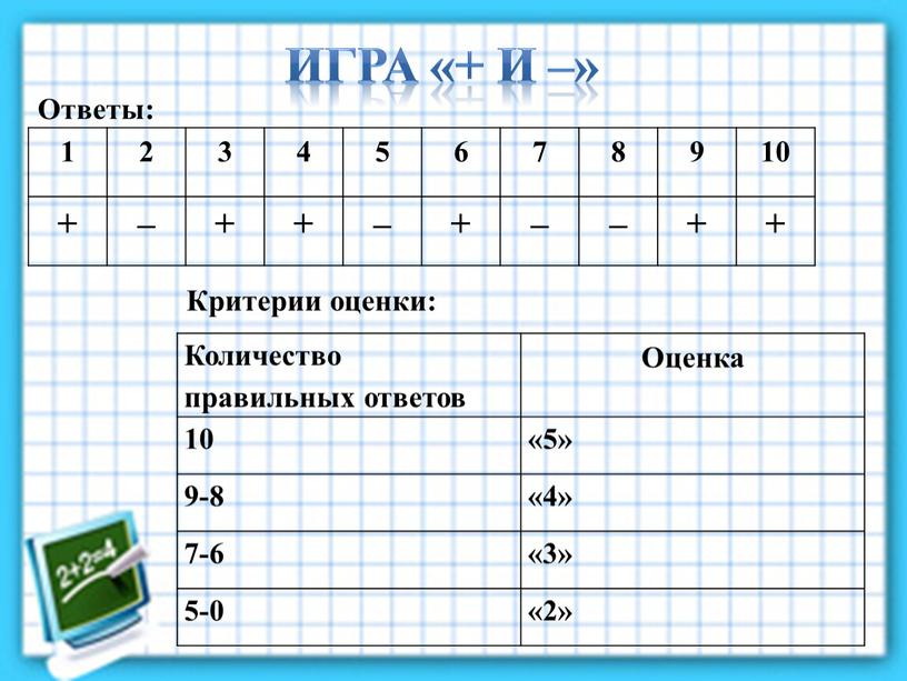 Игра «+ и –» Критерии оценки: 1 2 3 4 5 6 7 8 9 10 + – + – + – +