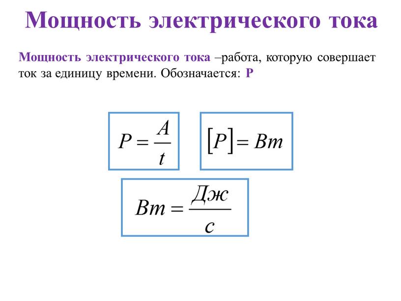 Мощность электрического тока Мощность электрического тока –работа, которую совершает ток за единицу времени