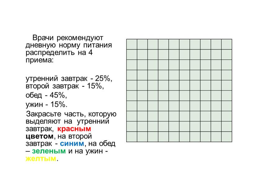 Врачи рекомендуют дневную норму питания распределить на 4 приема: утренний завтрак - 25%, второй завтрак - 15%, обед - 45%, ужин - 15%