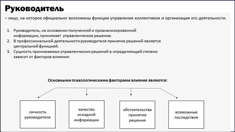 Содержание Руководитель – лицо, на которое официально возложены функции управления коллективом и организация его деятельности