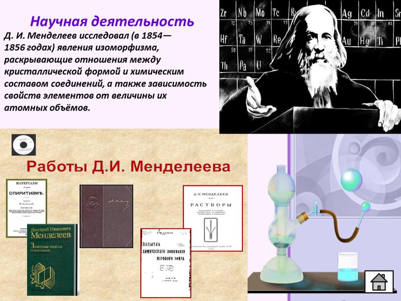 Научная деятельность Д. И. Менделеев исследовал (в 1854—1856 годах) явления изоморфизма, раскрывающие отношения между кристаллической формой и химическим составом соединений, а также зависимость свойств элементов…