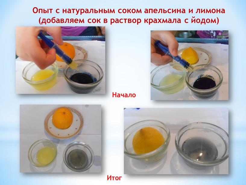 Опыт с натуральным соком апельсина и лимона (добавляем сок в раствор крахмала с йодом)