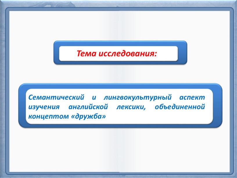 Тема исследования: Семантический и лингвокультурный аспект изучения английской лексики, объединенной концептом «дружба»