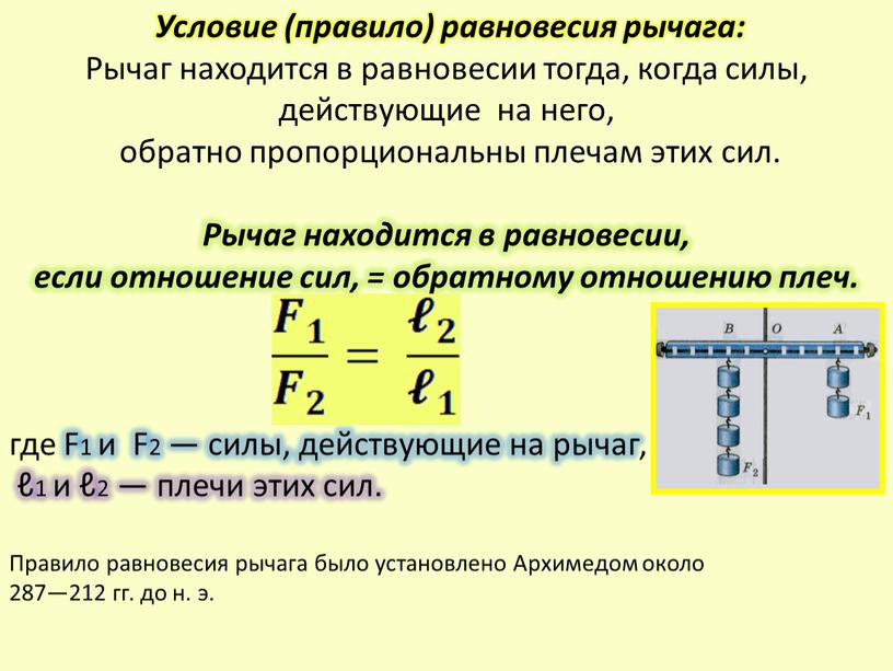 Условие (правило) равновесия рычага: