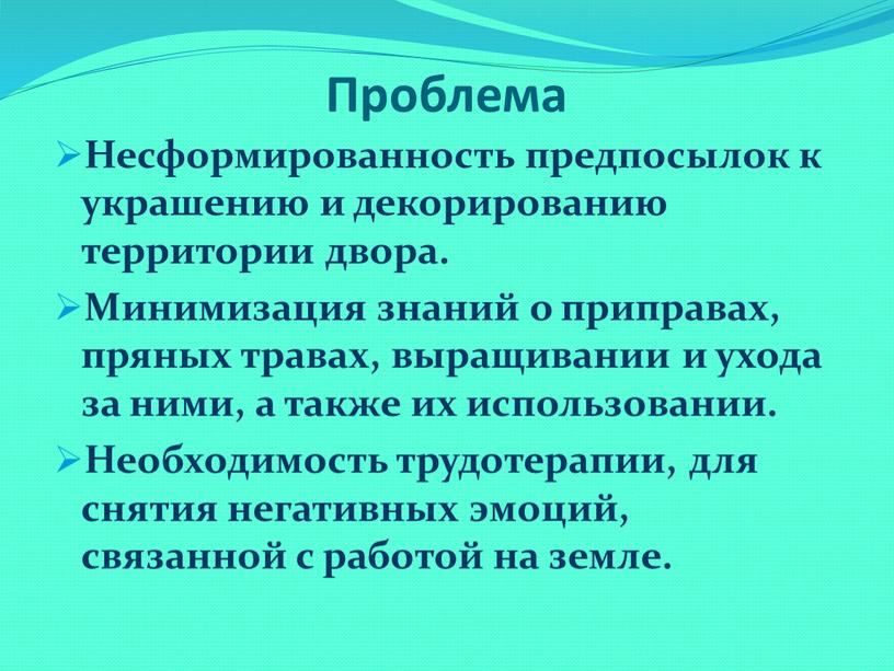 Проблема Несформированность предпосылок к украшению и декорированию территории двора