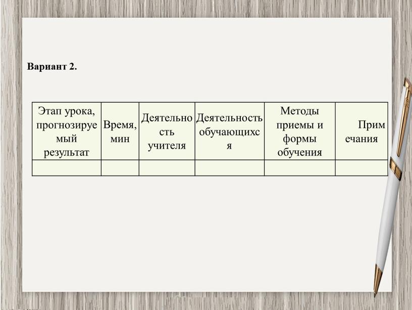 Вариант 2. Этап урока, прогнозируемый результат