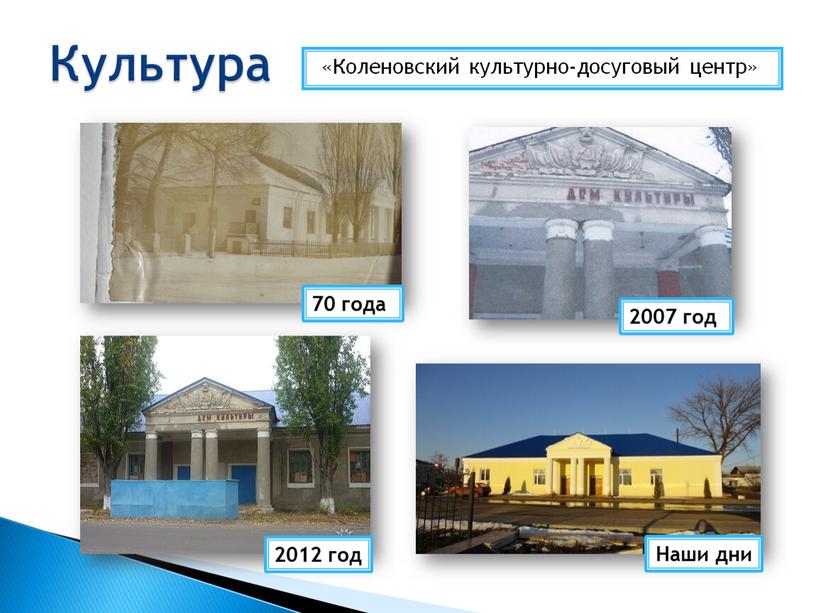 Культура 70 года 2007 год 2012 год «Коленовский культурно-досуговый центр»