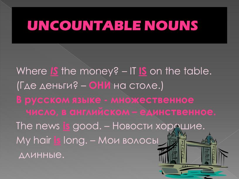 UNCOUNTABLE NOUNS Where IS the money? –