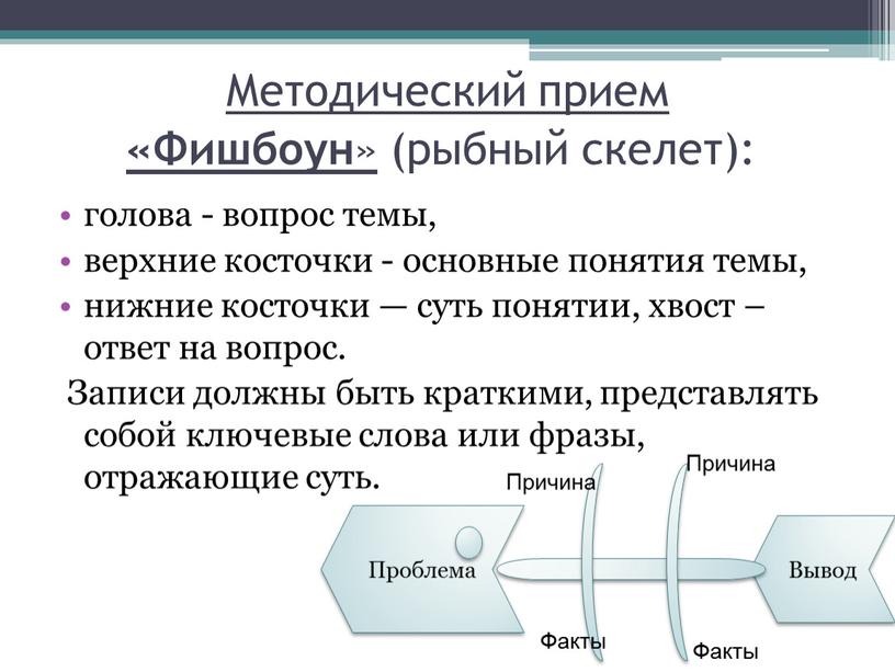 Методический прием «Фишбоун » (рыбный скелет): голова - вопрос темы, верхние косточки - основные понятия темы, нижние косточки — суть понятии, хвост – ответ на…