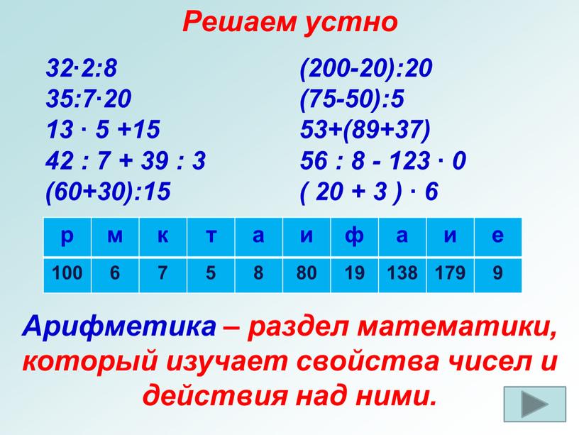 Арифметика – раздел математики, который изучает свойства чисел и действия над ними